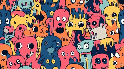 Colorful Monster Doodles Seamless Pattern - Fun and Whimsical Cartoon Creatures for Kids' Designs, Textiles, and Backgrounds