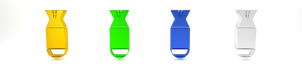 Colorful Aviation bomb icon isolated on white background. Rocket bomb flies down. Minimalism concept. 3D render illustration