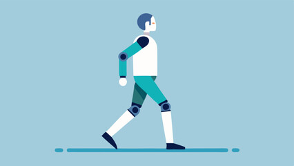 Walking with Support A person in a robotic exoskeleton taking steady steps on a smooth surface with the exoskeleton visibly supporting their legs and enhancing their gait.