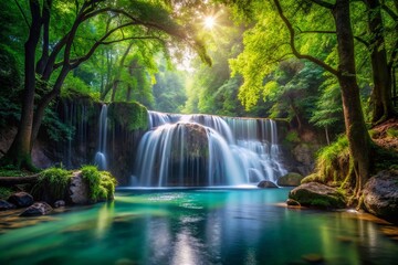 Serene Waterfall Cascading into Enchanted Forest Pool - Nature's Beauty and Tranquility