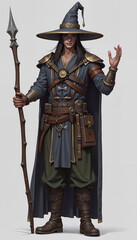 Fototapeta premium Fantasy wizard with staff and hat in detailed costume