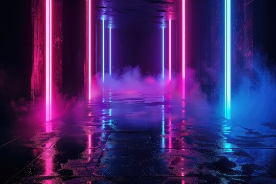 Neon Light Corridor Futuristic Room with Vibrant Lighting and couple romance  background 