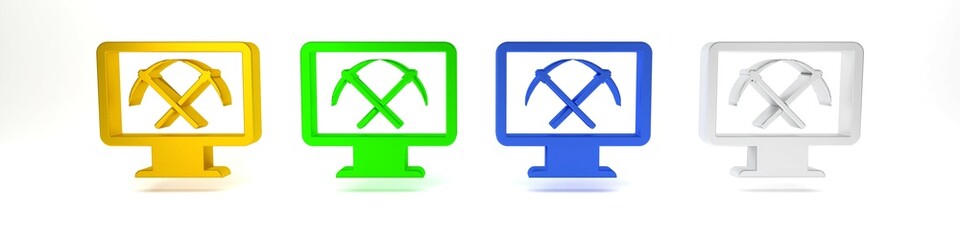 Colorful Mining concept with monitor and pickaxe icon isolated on white background. Blockchain technology, cryptocurrency mining, digital money market. Minimalism concept. 3D render illustration