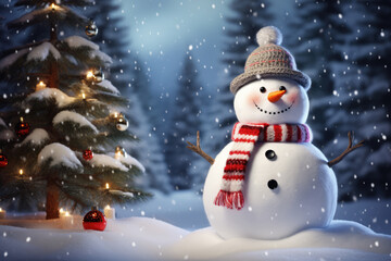 Obraz premium generated illustration of happy snowman with Christmas tree in snowy scene minimalist