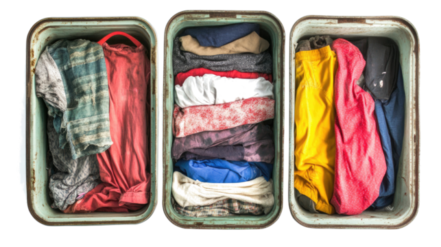 Dirty Laundry Stacked in Containers on a White Background Generative AI