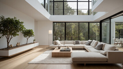 Fototapeta premium Modern living room with large windows overlooking lush green forest, featuring comfortable beige sofa.