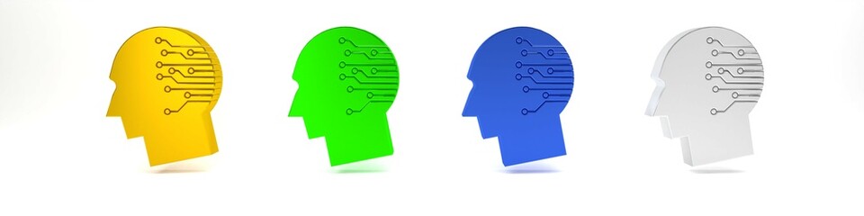 Colorful Human brain as digital circuit board icon isolated on white background. Artificial Intelligence. Human head outline with circuit lines inside. Minimalism concept. 3D render illustration