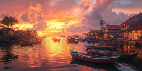 Fototapeta premium Boats at sunset on a calm bay.