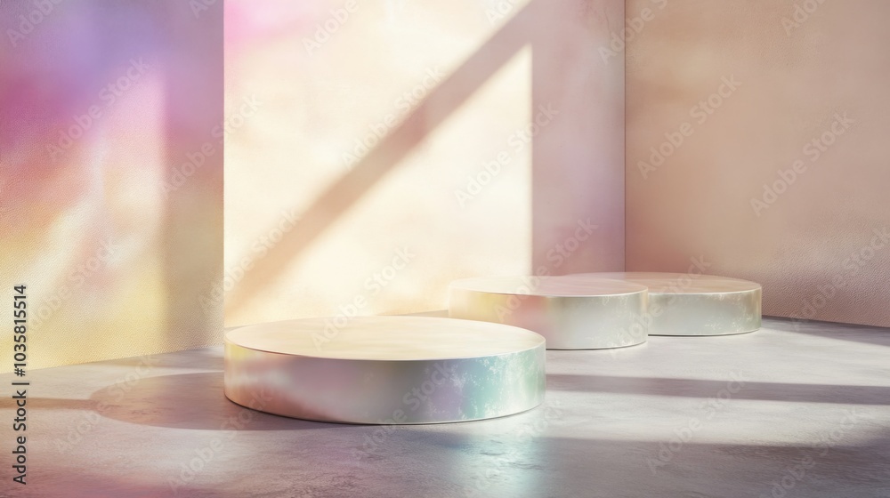 Aufkleber The setting features a serene interior with three circular platforms illuminated by soft, pastel tones. Natural light pours through, creating a tranquil and harmonious atmosphere.