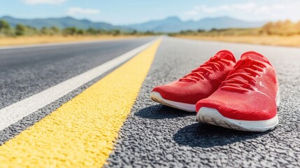 Bright red running shoes on a sunny road perfect for outdoor adventures