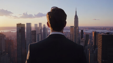businessman in suit gazes at city skyline during sunset, reflecting on urban landscape and future possibilities. scene captures sense of ambition and contemplation