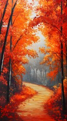 Fototapeta premium A picturesque autumn scene of trees adorned with vibrant red and orange leaves, creating an enchanting backdrop for nature lovers who enjoy walking along
