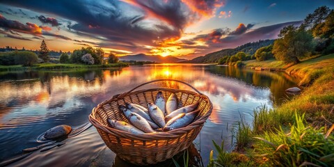 Fototapeta premium Silhouette of Fish in Basket by Riverbank at Sunset - Nature Photography