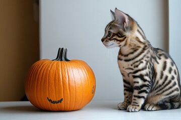 Bengal Cat Sitting Upright Next to Orange Pumpkin on White Wall for Cute and Funny Halloween Theme