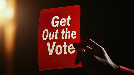 A hand holds a bright red sign with the bold message "Get Out the Vote," emphasizing the importance of voter participation.