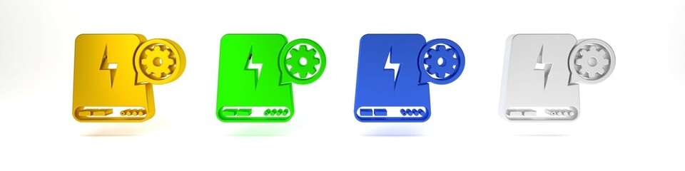 Colorful Power bank and gear icon isolated on white background. Adjusting app, service concept, setting options, maintenance, repair, fixing. Minimalism concept. 3D render illustration