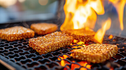 Golden grilled tempeh sizzling over flames, showcasing a delicious cooking technique perfect for plant-based meals.