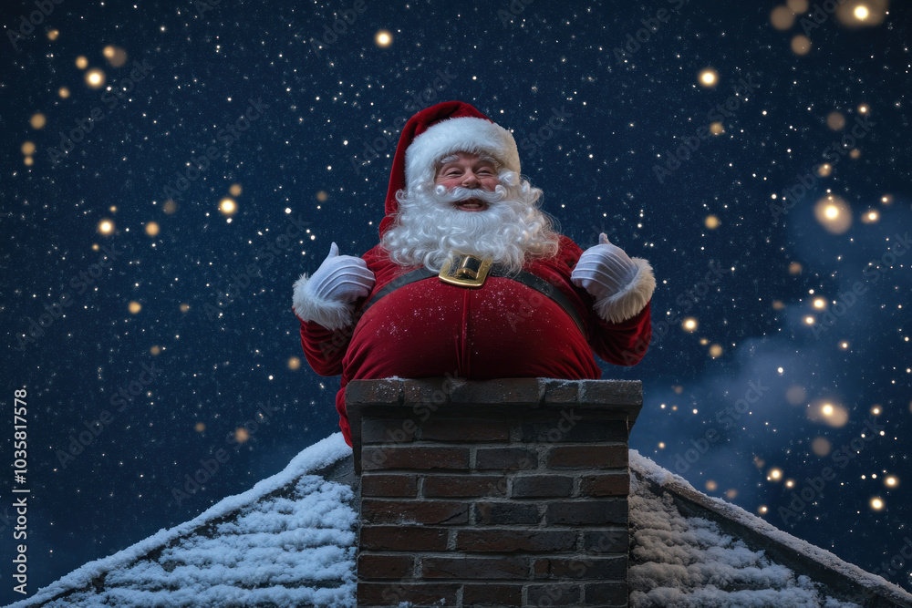 Poster Santa Claus sitting on snow-covered chimney, distant winter landscape in background.