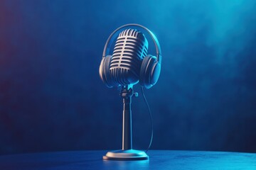 Podcasting and radio concept with retro microphone and headphones