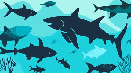 Naklejka premium Stylized illustration of various sharks swimming in an underwater scene.