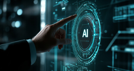 businessman interacts with virtual screen displaying AI technology, highlighting innovation and futuristic concepts. digital interface glows with blue hue, symbolizing advanced tech