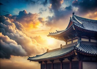 Slow Cloud Movement Over Korean Architecture Eaves - Double Exposure Photography