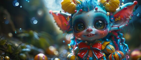 Fototapeta premium Whimsical colorful creature with big eyes and cheerful expression in a magical forest setting perfect for fantasy art enthusiasts