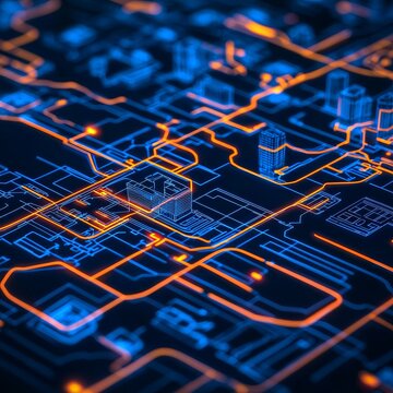A vibrant, high-tech digital map displaying illuminated circuits and structures, showcasing intricate connectivity and modern technology.