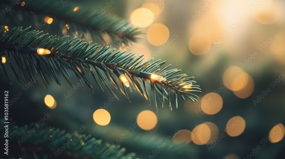 Poster close-up of christmas tree branch with glowing lights and blurred bokeh background. festive holiday 