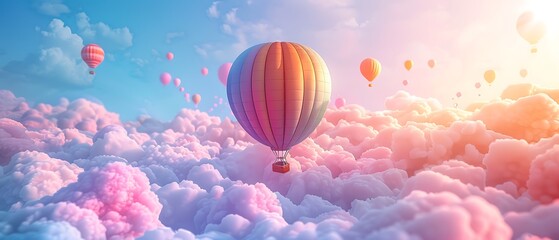 Obraz premium Breathtaking hot air balloons floating above dreamy cotton candy clouds at sunrise in a serene sky