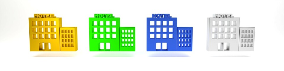 Colorful Hotel building icon isolated on white background. Minimalism concept. 3D render illustration