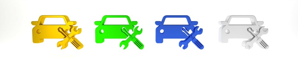 Colorful Car with screwdriver and wrench icon isolated on white background. Adjusting, service, setting, maintenance, repair, fixing. Minimalism concept. 3D render illustration