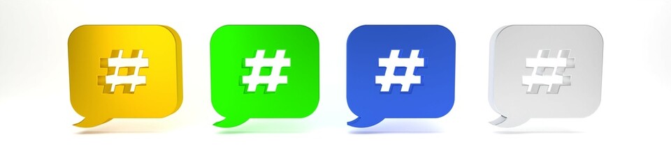 Colorful Hashtag speech bubble icon isolated on white background. Concept of number sign, social media marketing, micro blogging. Minimalism concept. 3D render illustration