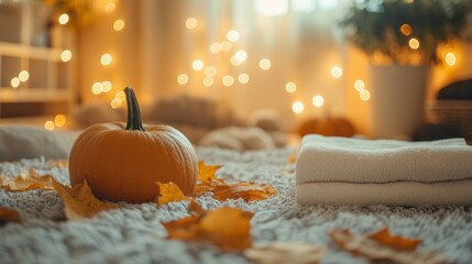 Pumpkins in bed linen and towels in the hotel spa and wellness salon, Thanksgiving special offer for hotel services