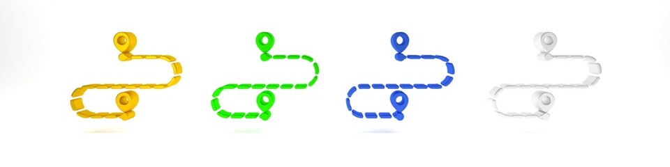 Colorful Route location icon isolated on white background. Map pointer sign. Concept of path or road. GPS navigator. Minimalism concept. 3D render illustration