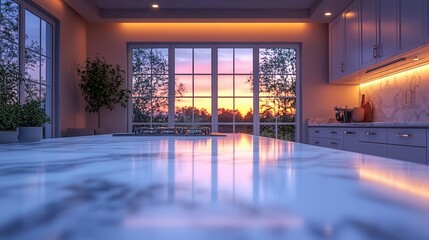 Fototapeta premium sleek white kitchen countertop empty and immaculate beckoning for product displays the marble surface shines under soft diffused lighting creating a sense of elegance