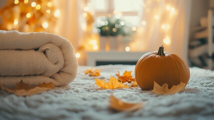 Pumpkins in bed linen and towels in the hotel spa and wellness salon, Thanksgiving special offer for hotel services