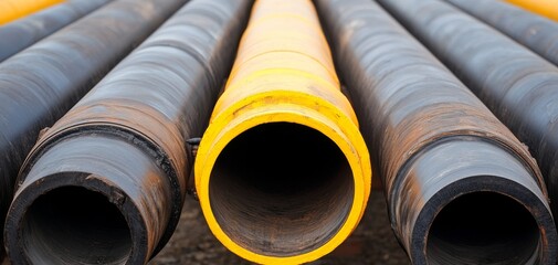 A close-up view of industrial pipes, showcasing black and yellow tubes, highlighting their texture and arrangement