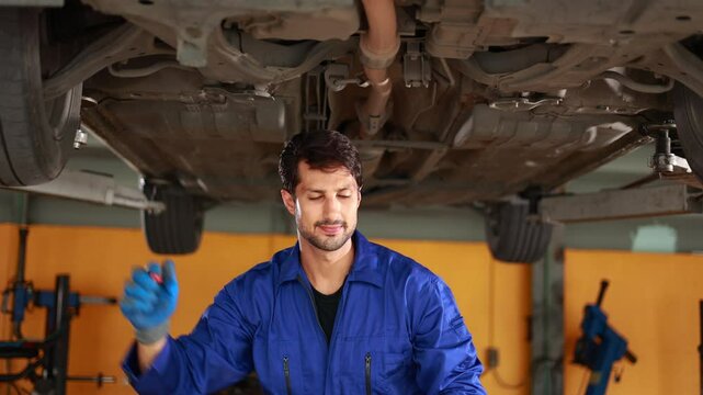 car lift under vehicle. Portrait hispanic latin male mechanic repairs car in garage. Car repair maintenance and auto service garage concept
