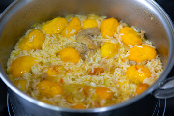 Traditional Brazilian dish rice, chicken and pequi (caryocar brasileinse) known as galinhada goiana
