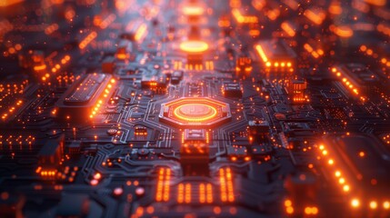 Fototapeta premium Futuristic Background with Glowing Circuit Board Elements and Neon Lights in a High-Tech Digital Environment