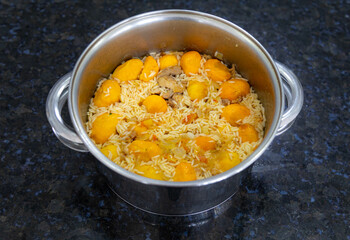 Traditional Brazilian dish rice, chicken and pequi (caryocar brasileinse) known as galinhada goiana