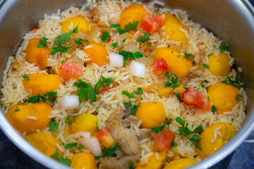 Traditional Brazilian dish rice, chicken and pequi (caryocar brasileinse) known as galinhada goiana