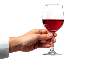 A hand is holding a wine glass with a full glass of red wine on isolated white background