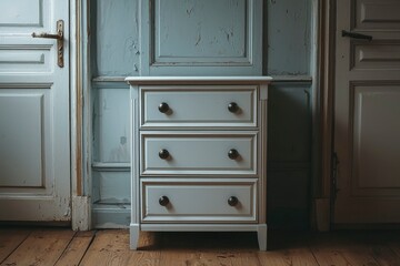 Fototapeta premium White Wooden Dresser Against Weathered Wall in an Old Room