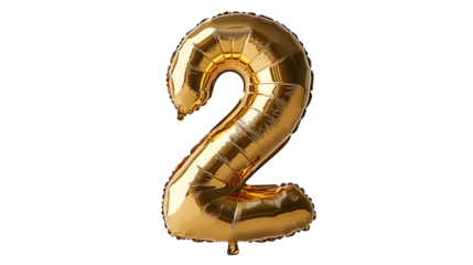 A shiny gold foil number 2 (two) balloon floats in a neutral space isolated on white 
