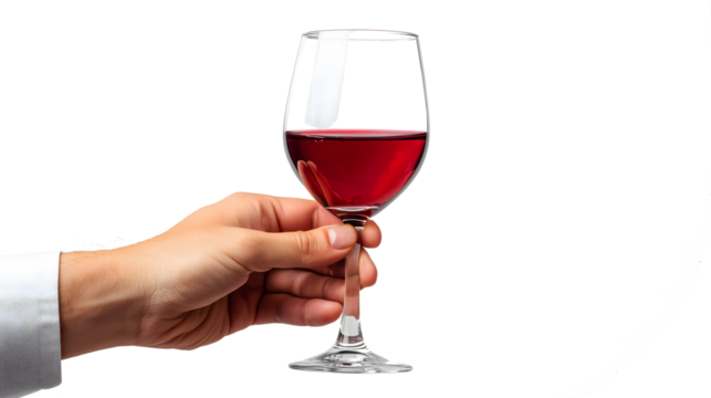 A hand is holding a wine glass with a full glass of red wine on isolated white background