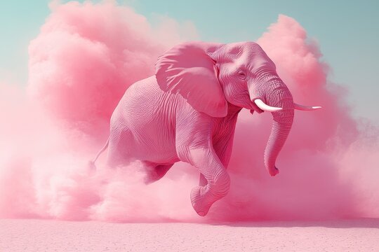 Surreal Photograph of a Pink Elephant Jumping in the Air Against a Pastel-Colored Desert Background


