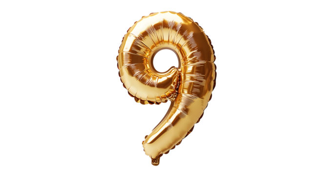 A shiny gold foil number 9 (nine) balloon floats in a neutral space isolated on white 