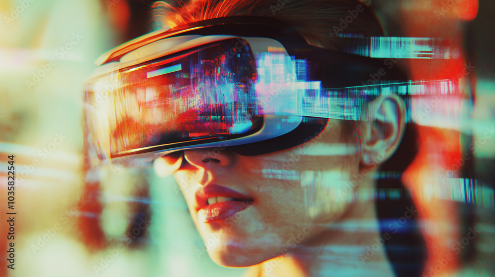 Poster girl in hi-tech vr glasses with elements of artificial intelligence. background in a high-tech style